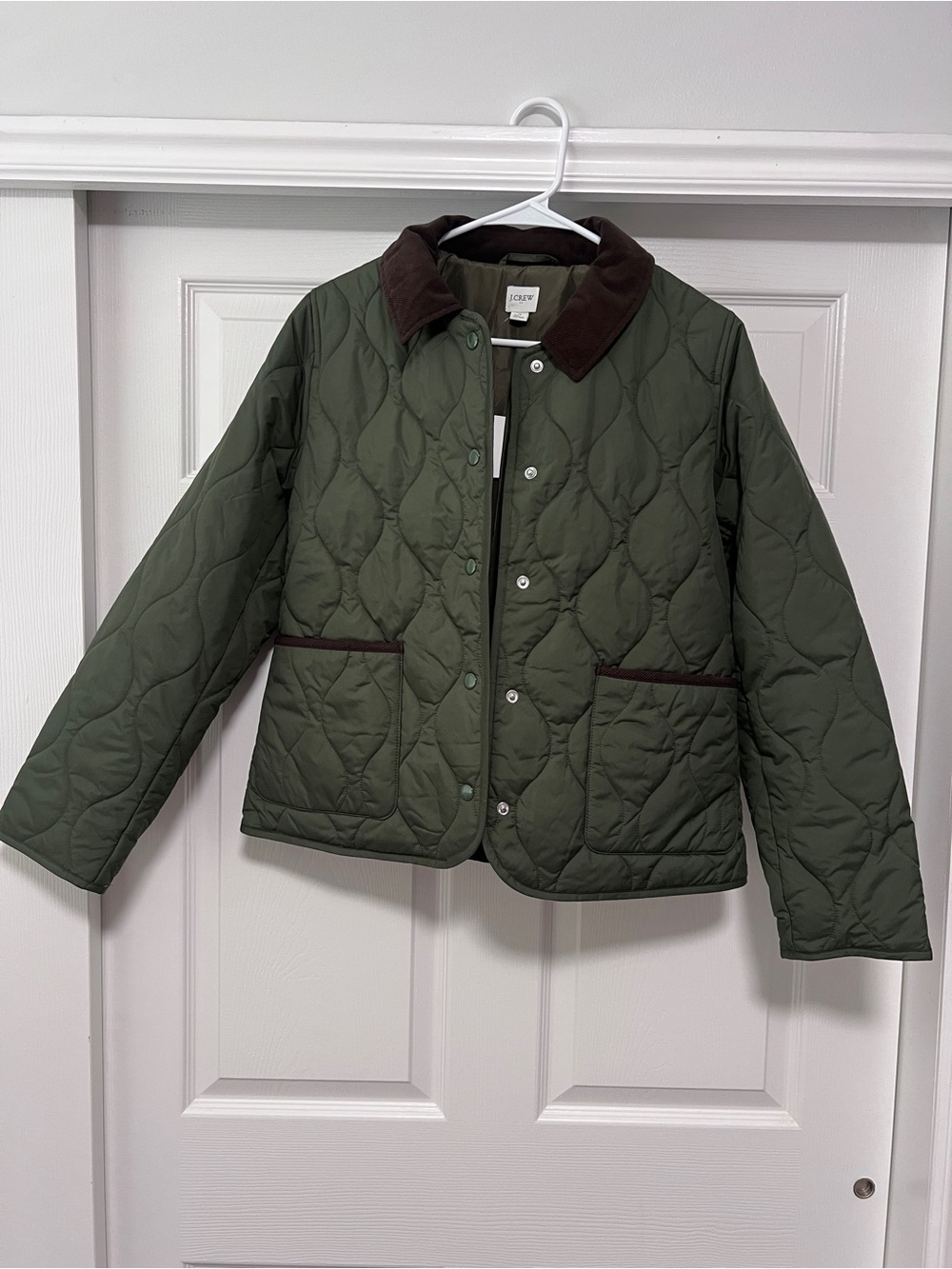 J. Crew Olive Green Quilted Puffer Jacket with Brown Collar